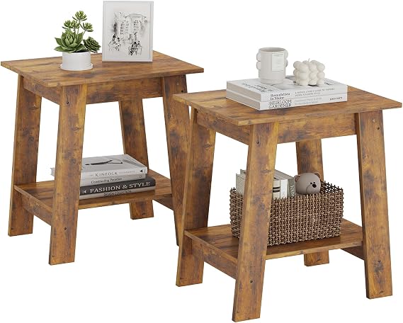 IDEALHOUSE End Table, Small Side Table, Set of 2 Nightstand with 2-Tier Storage Shelf, Wood Bedside Table, Narrow Side Table Living Room, Side Table for Small Spaces, Bedroom, Entryway, Rustic Brown