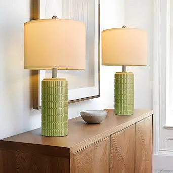 PoKat 23" Green Ceramic Table Lamps Set of 2, Farmhouse Table Lamps for Living Room, Modern Lamps for Bedroom Night Stands, Traditional Nightstand Desk Lamps, Medium