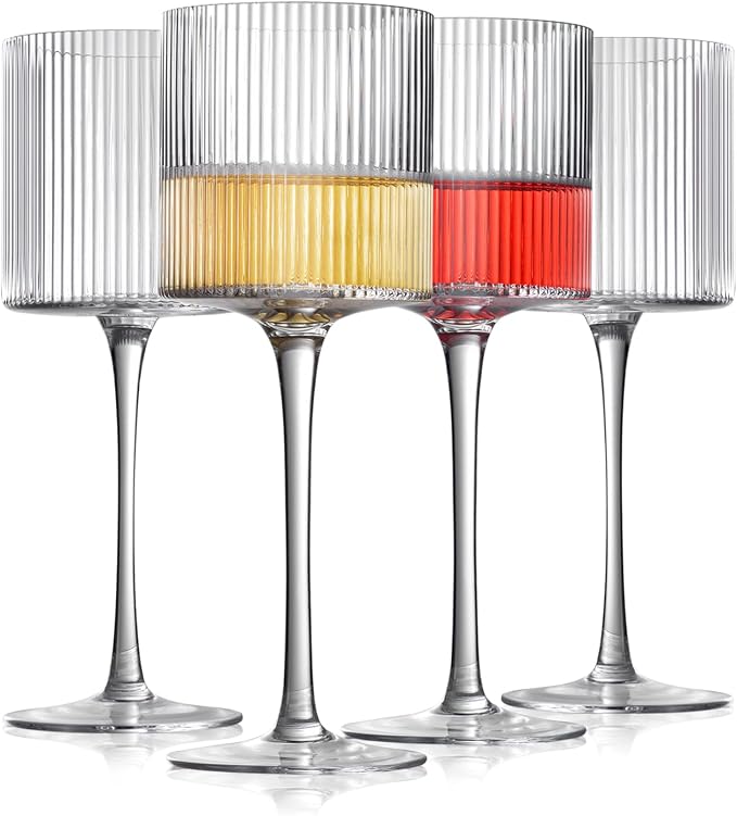 Square Wine Glasses Set of 4, Elegant Ribbed Design Wine Glasses 12.5oz, Long Stem Unique Modern Shape - Hand Blown Premium Wine Glass, For Red & White Wine Home Bar Party