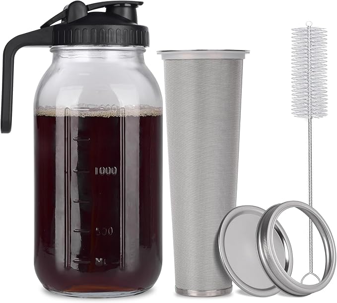 Cold Brew Mason Jar iced Coffee Maker, Durable Glass, 64 oz (2 Quart / 1.9 Liter), With Handle& Stainless Steel Filter for Iced Brew Coffee, Lemonade, Ice Tea, Homemade Fruit Drinks Container