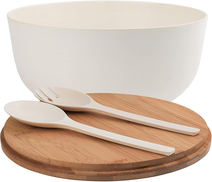 12" Bamboo Salad Bowl with Serving Utensils and Lid