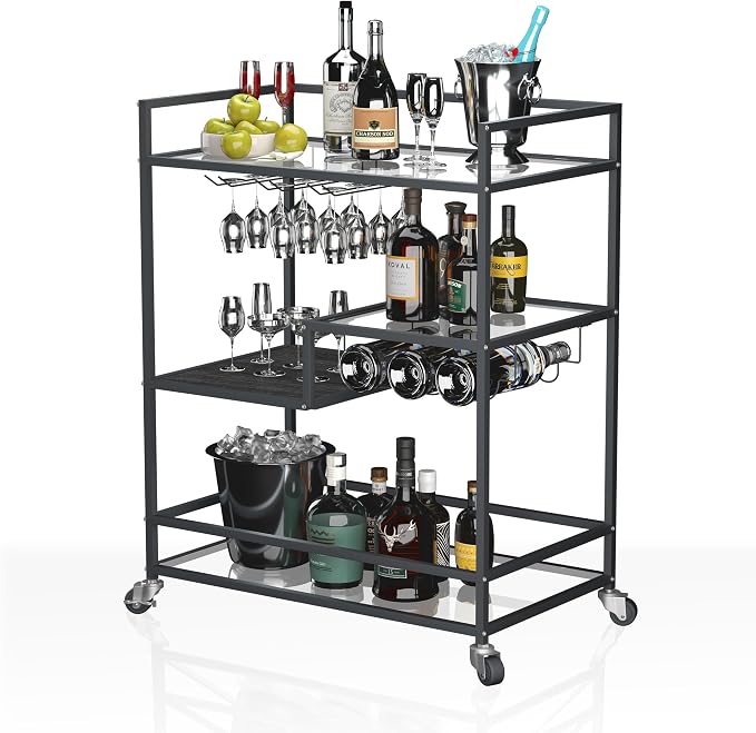 SULIVES Black Bar Carts with 4 Tier Shelves, Rolling Serving Bar Cart with Wine Rack and Tempered Glass Holder, Home Bar Carts & Wine Carts on Lockable Wheels for Kitchen, Party,Dining Room