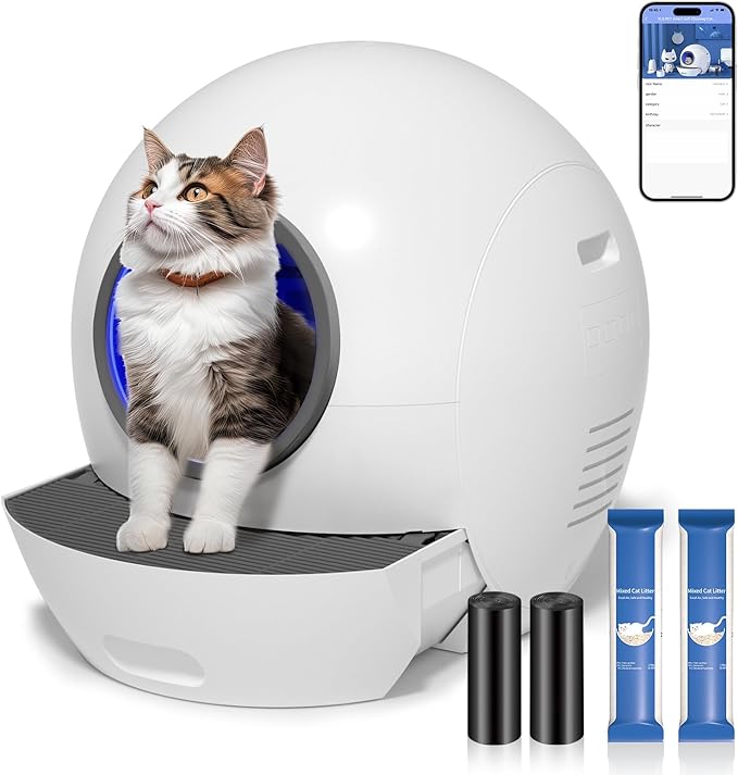 MeoWant Self-Cleaning Cat Litter Box, Integrated Safety Protection Automatic Cat Litter Box for Multi Cats, Extra Large/Odor Isolation/APP Control Cat Litter Box with Odor Eliminator & Mat & Liner-New