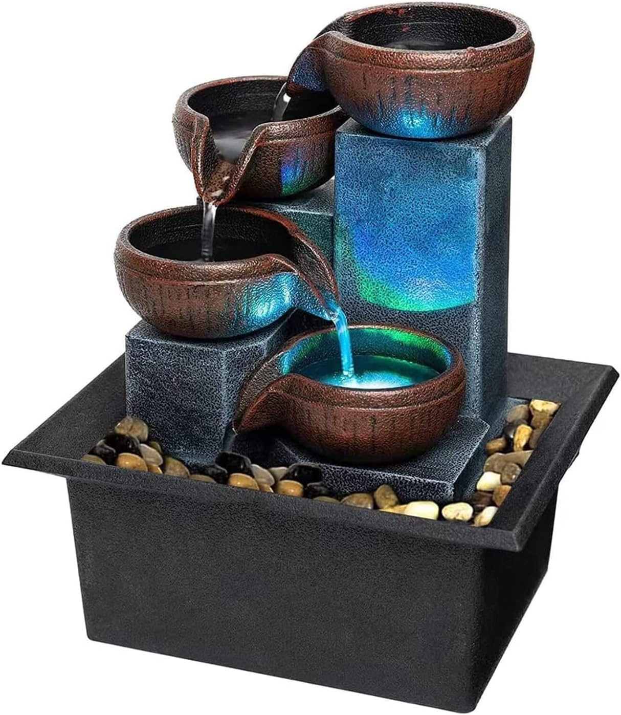 Small Indoor Relaxation Tabletop Fountain and Waterfall with Color LED Light & Natural River Rocks