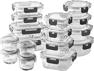 COOK WITH COLOR Premium 32-Pc. Borosilicate Glass Food Container Set with Dividers - 4 Rectangles, 8 Rounds, 4 Squares - Leakproof Lids - Meal Prep, Storage, Ombre Black