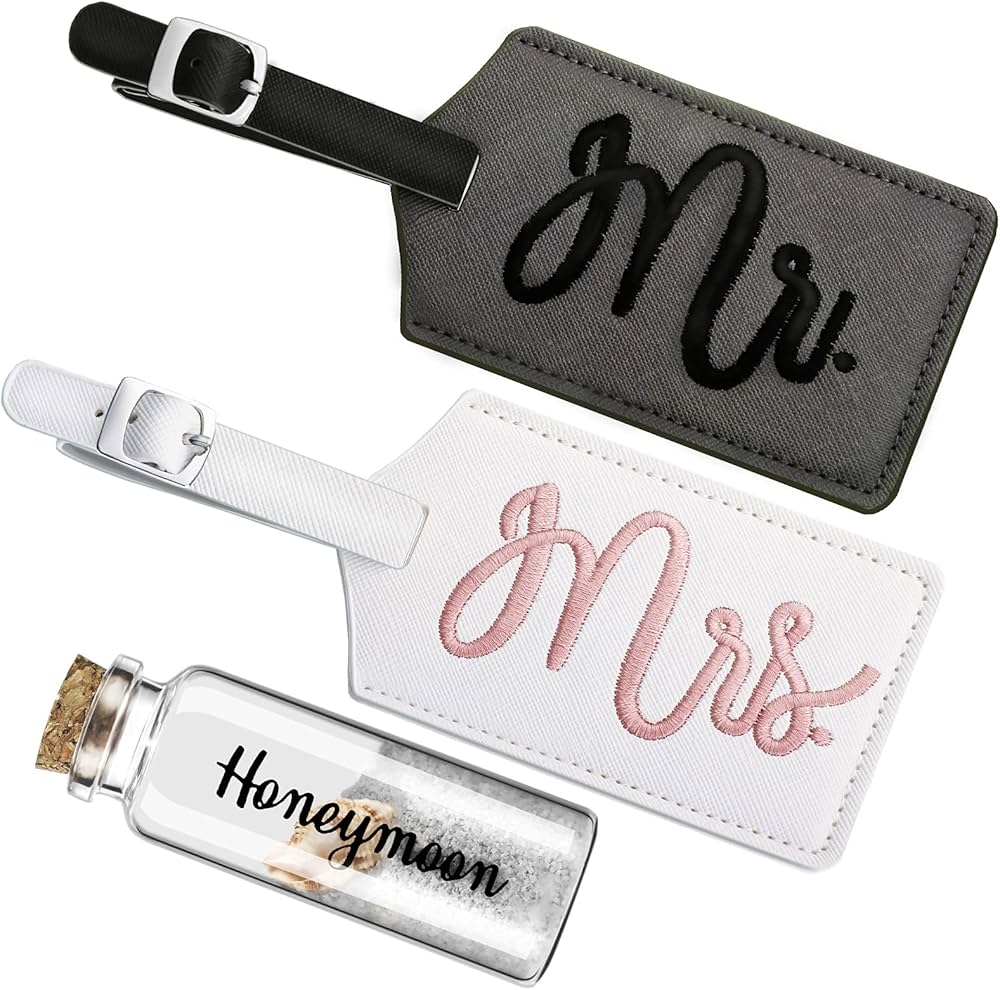 2 pcs Mr and Mrs Luggage Tags Set, Honeymoon Essentials Gifts Honeymoon Sand Keepsake just Married Luggage Tags Travel with Sand Keepsake Jar for Couples Wedding Bridal Shower Gifts(Sweet Patterns)