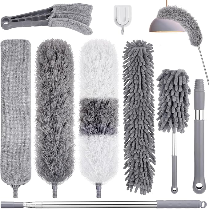 Dusters for Cleaning,9Pcs Feather Duster with Extension Pole Up to 100'',Extendable Bendable Washable Long Feather Duster for Cleaning Ceiling Chandelier,High Ceiling,Furniture