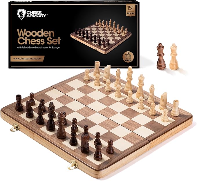 Chess Armory Chess Sets 15 Inch Wooden Chess Set Board Game for Adults and Kids with Extra Queen Pieces & Storage Box