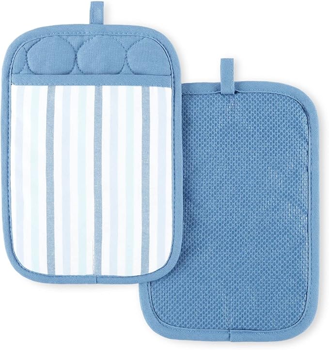 Martha Stewart Daisy Stripe Pot Holder Set 2-Pack, Blue, 7"x10"
