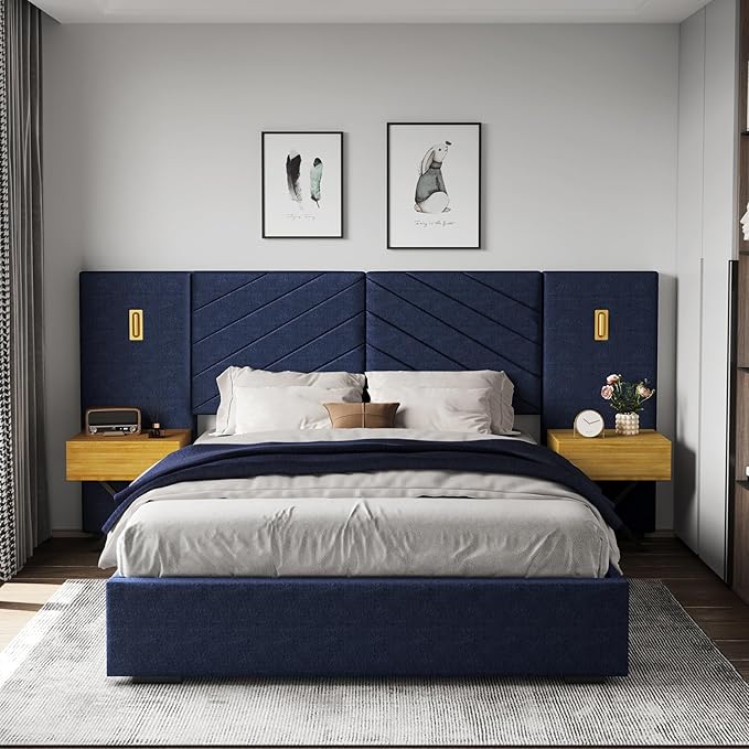 Amazon.com: DEINPPA Luxury Bed Frame with Built-in Gold LED Lights and Nightstands, Queen Size Platform Bed with Oversize Upholstered Headboard, No Box Spring Needed-Royal Blue