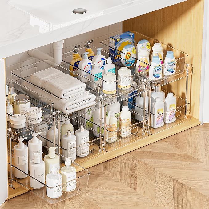 Vtopmart 4 Pack Bathroom Organizer, 2 Tier Clear Under Sink Organizers Vanity Countertop Storage Container,Cabinet Drawers Bins, Pull-Out Organization with Track for Pantry, Kitchen