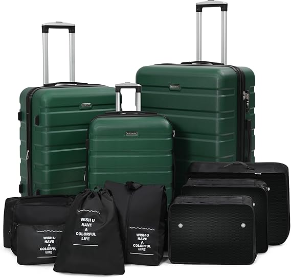 Kromax Lightweight 3 Piece Hardshell Luggage Set, Expandable, TSA Lock, 8 Packing Organizers, Reinforced Telescopic Handle, 360 Wheels, Green