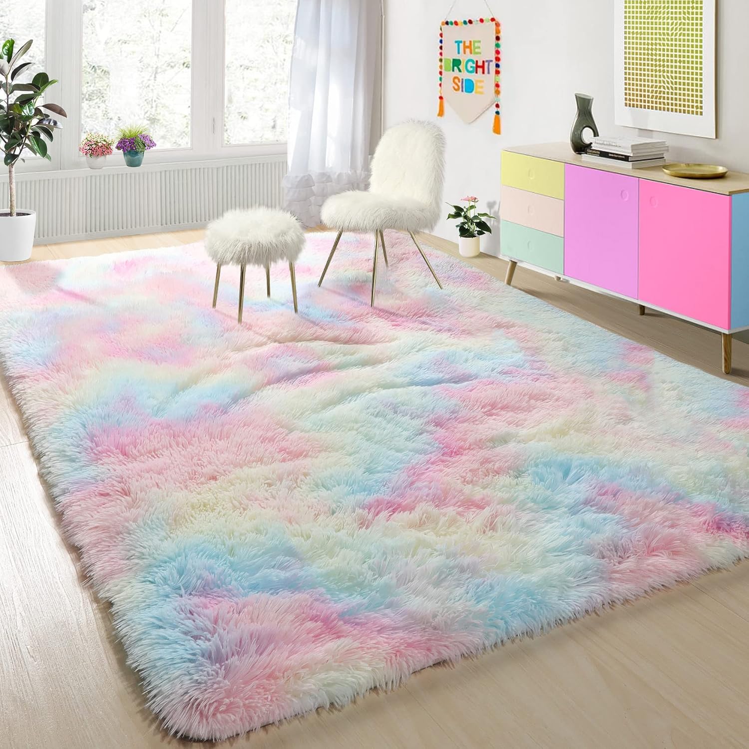 PAGISOFE 4x6 Rainbow Fluffy Soft Plush Area Rugs for Girls Bedroom