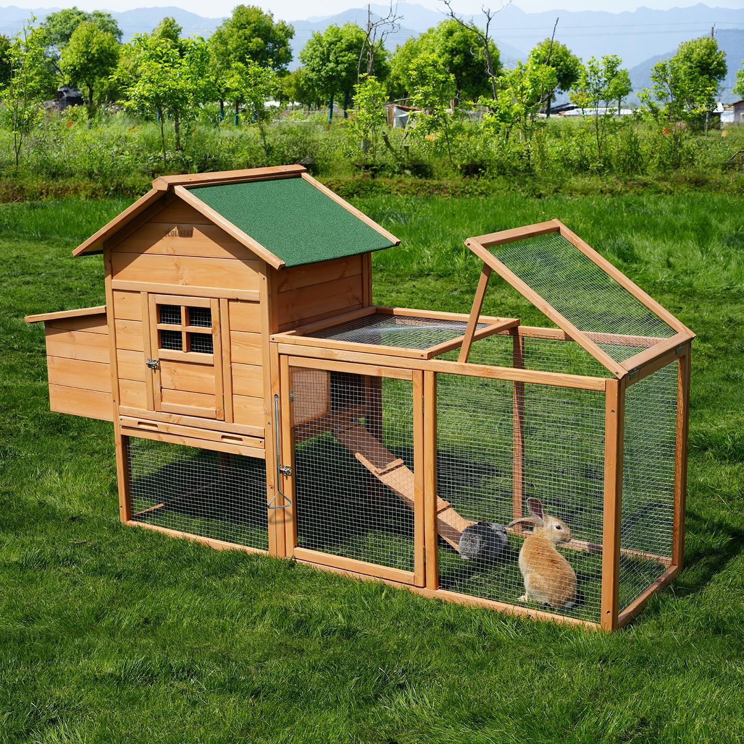 Chicken Coop Outdoor Wooden Rabbit Hutch Poultry House with Chicken Run Cage, Egg Box & Waterproof Roof (80")