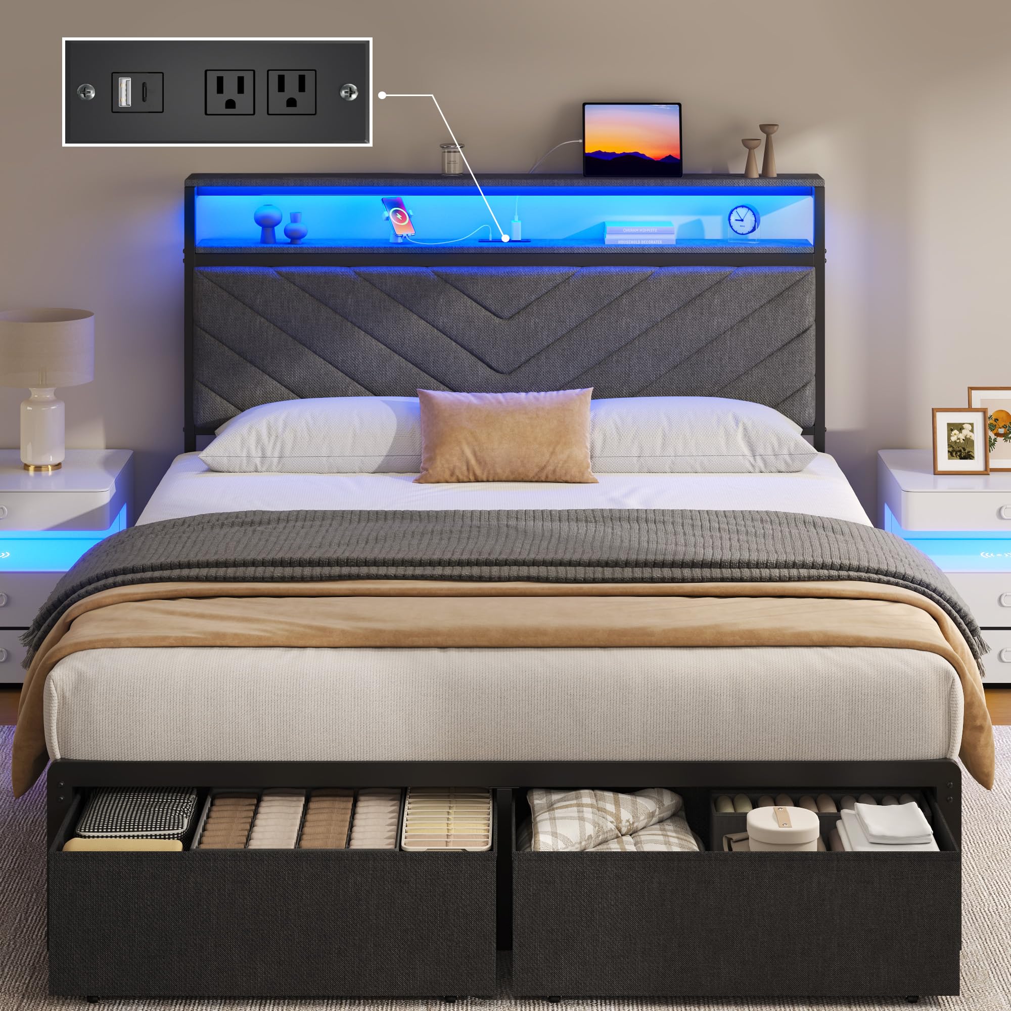 Fluest Full Bed Frame with 2 Drawers, Upholstered Headboard with Storage and Charging Station