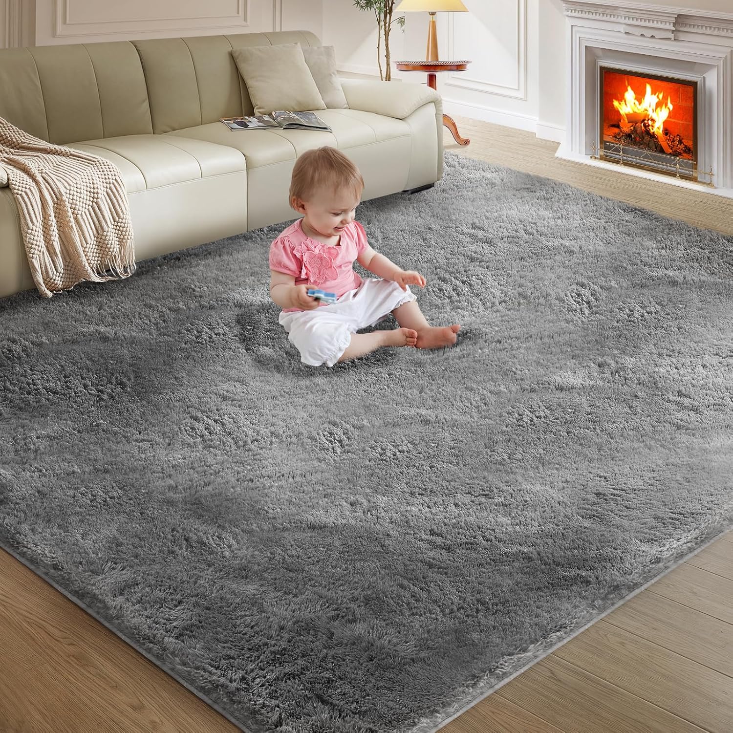 Ultra Soft Rug for Living Room, 5X8 Ft Grey Fluffy Shag Area Rug for Bedroom