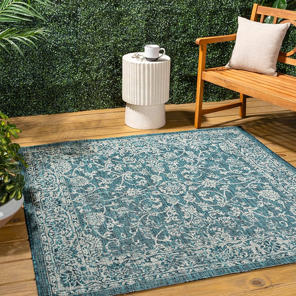 JONATHAN Y SMB100C-6SQ Tela Bohemian Textured Weave Floral Teal/Gray 6' Square Indoor/Outdoor Area Rug, Pet Friendly, Non-Shedding, Stain Resistant, Easy-Cleaning for Backyard, Patio, Porch
