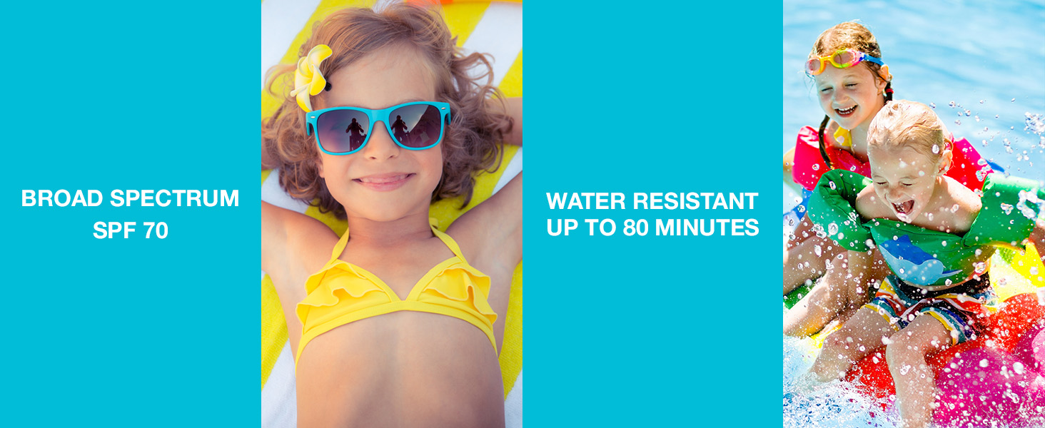 Children playing in the water with water resistant broad spectrum SPF 70 protection