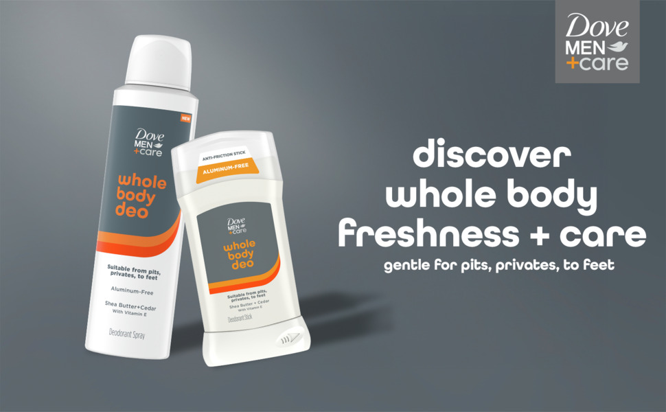 2 Whole Body Deo bottles - 1 spray and 1 stick - against grey background with text.