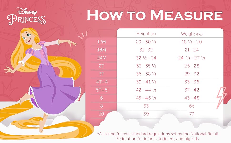 Princess Rapunzel dancing next to a size chart of the Disney princess sleepwear.