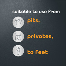 Text: Suitable to use from pits, privates, to feet against dark grey background.