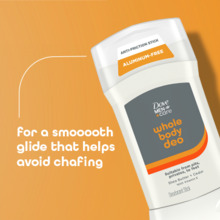 Shea butter + Cedar Whole Body Deo stick bottle against orange background with text.