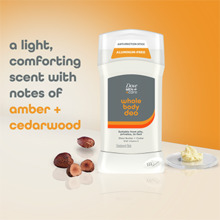 Whole Body Deo stick bottle with shea seeds and butter against orange background with text.